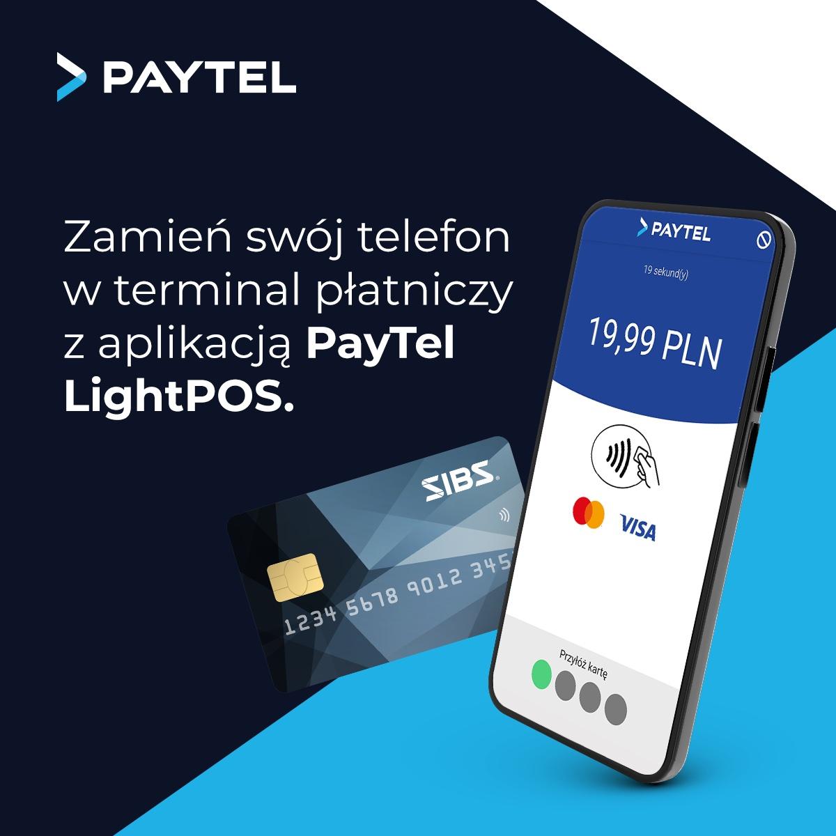 Smartfon i karta płatnicza i tekst: PAYTEL zamień swój telefon w terminal płatniczy z aplikacją Paytel + LightPOS